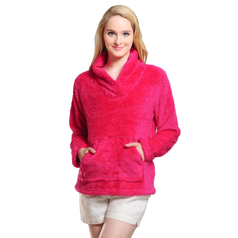Fluffy Fleece Winter Warm Pullover Shawl Collar Hoodie Sweatshirt Blouse for Women Girls - Rose Red