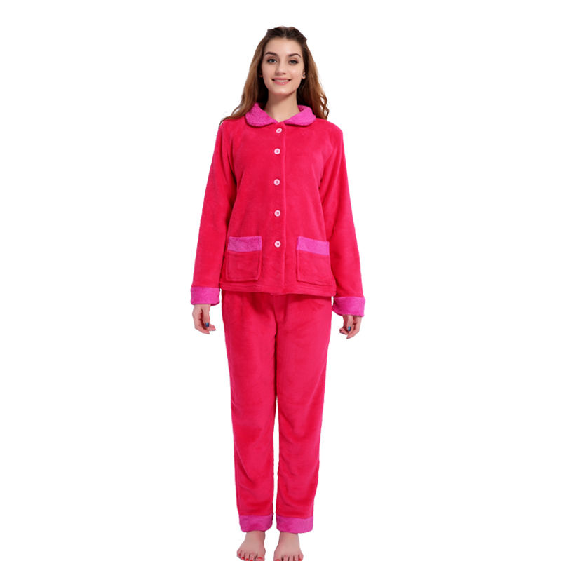 Women Wearing In Autumn Winter Solid Color Coral Fleece Pajamas Set