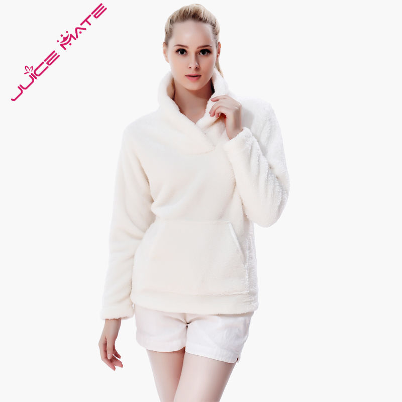 Fluffy Fleece Winter Warm Pullover Shawl Collar Hoodie Sweatshirt Blouse for Women Girls - White