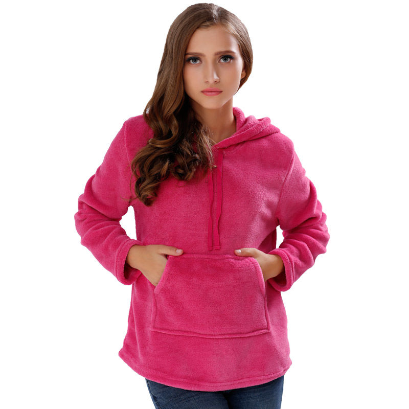 Coral Fleece Winter Warm Pullover Shawl Collar Hoodie Sweatshirt Blouse for Women Girls - Rose Red