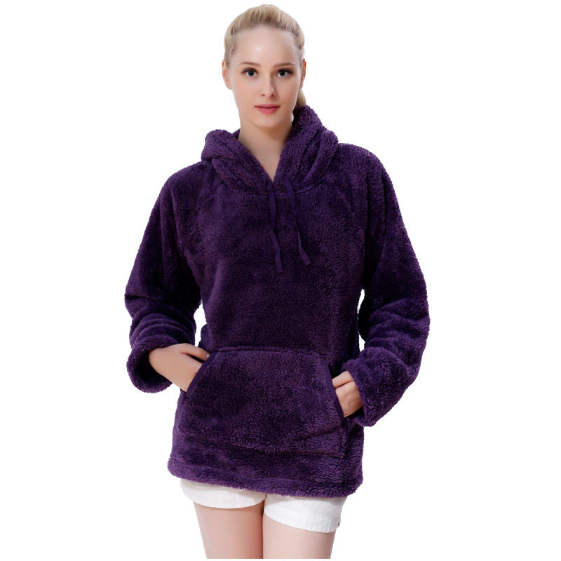 Fluffy Fleece Winter Warm Pullover Shawl Collar Hoodie Sweatshirt Blouse for Women Girls - Purple