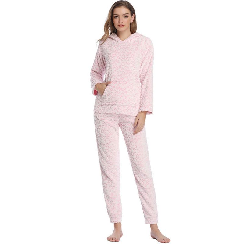 Autumn Winter Printed Snow Leopard Long Sleeve Pink Pajamas Set with Hood for Women