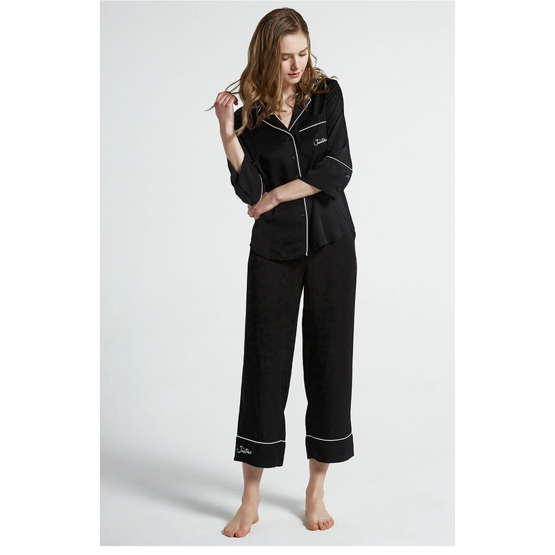 Ladies Spring Summer Solid Color Viscose Long Sleeve Pajamas Set