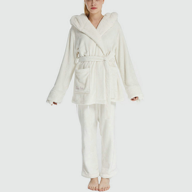 Ladies 2 Pieces Flannel Fleece Animal Embroidery Bear Pajamas Set for Women(small robe+pant)