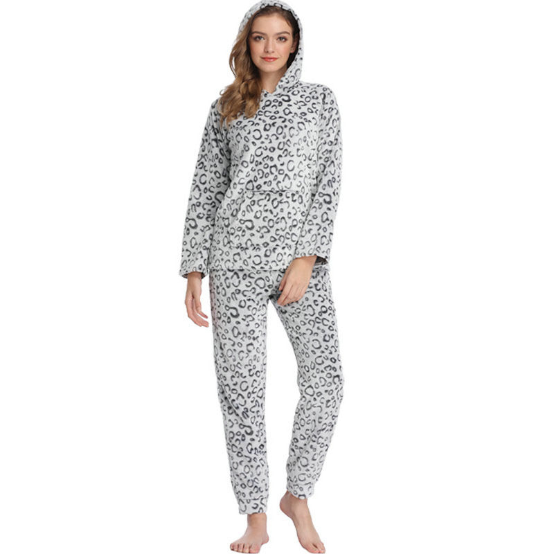 Women Casual Leopard Coral Fleece Hoodie 2 Pieces Sleepwear Pajamas Set