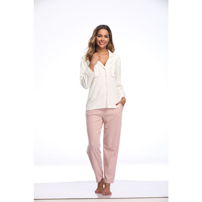 Women Girls Spring Autumn Warm Students Cotton Rib Stripe Nightwear Pajama Sets