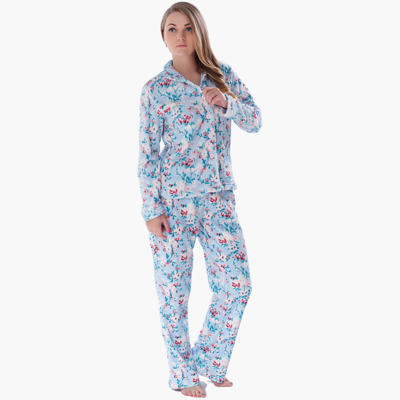 Pajama Set Women's Winter Plus Size Chinese Style Printed Coral Fleece Pajamas (Top and Pant)