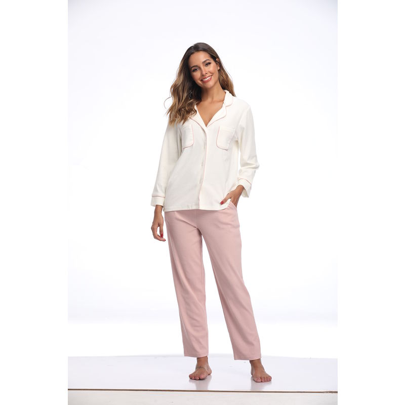 Women Cotton Solid Rib Homewear Top and Pant Pajamas Sets
