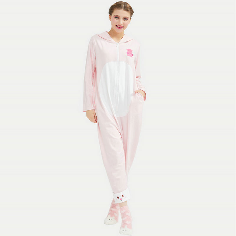Ladies Spring Summer Cotton Printed Long Sleeve Onesie with Lovely Pig Embroidery