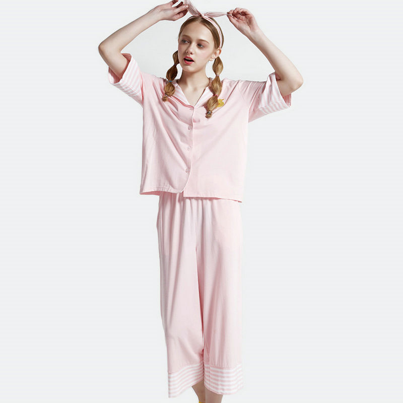 Ladies Spring Summer Lovely Solid Colour Viscose Stripe Printed Short Sleeve Pajamas Set