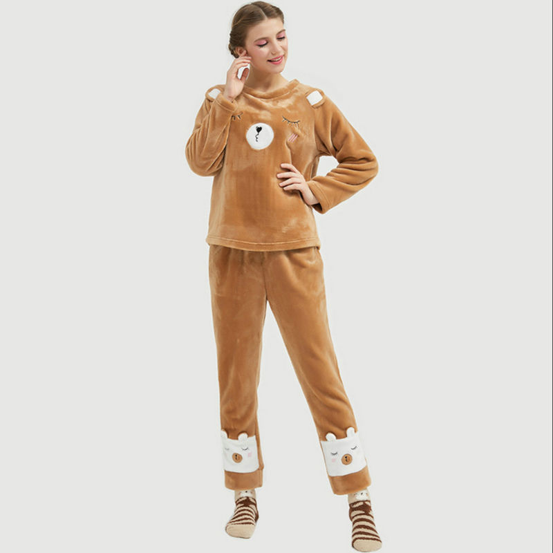 Ladies 2 Pieces Flannel Fleece Animal Embroidery Rabbit Pajamas Set for Women