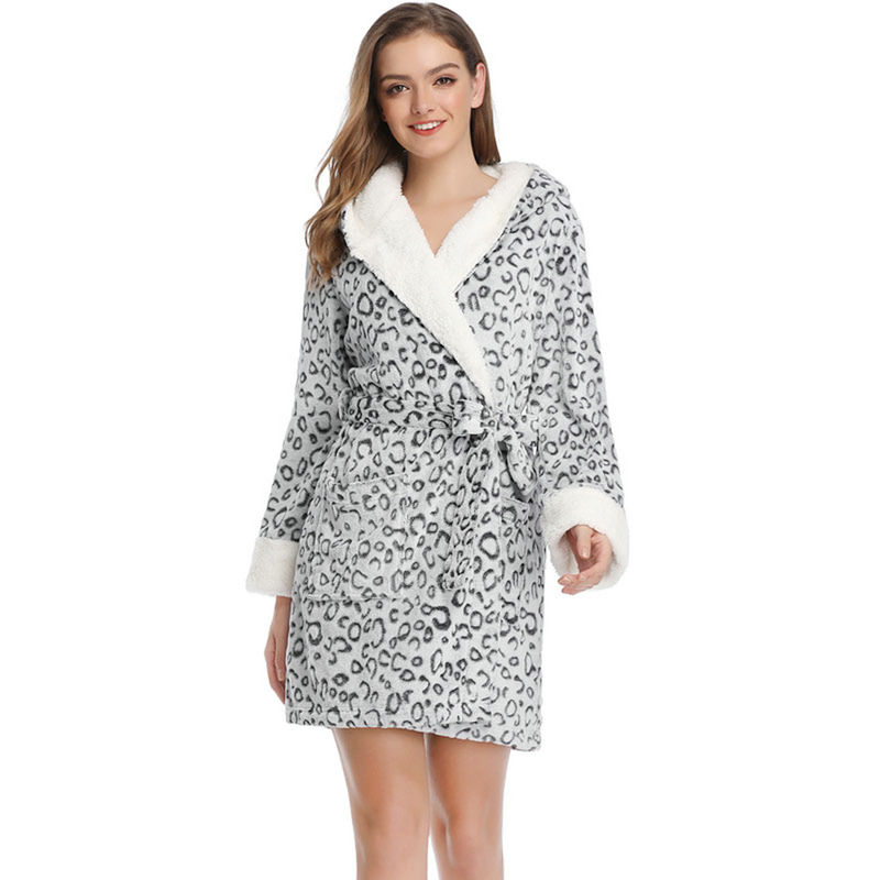 Autumn Winter Snow Leopard Teddy Fleece Long Sleeve Grey Robes with Hood - Grey