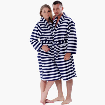 Couple Soft Coral Fleece Warm Winter Printed Stripe Sleepwear Robe for Men Women