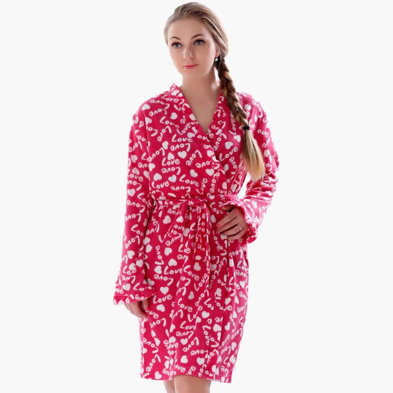 Spring Autumn Microfiber Fleece Printed Love Heart Sleepwear Bathrobe for Women - Pink