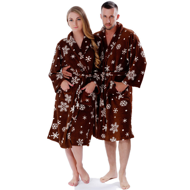 Couple Soft Coral Fleece Warm Winter Printed Snow Brown Bathrobe for Men Women