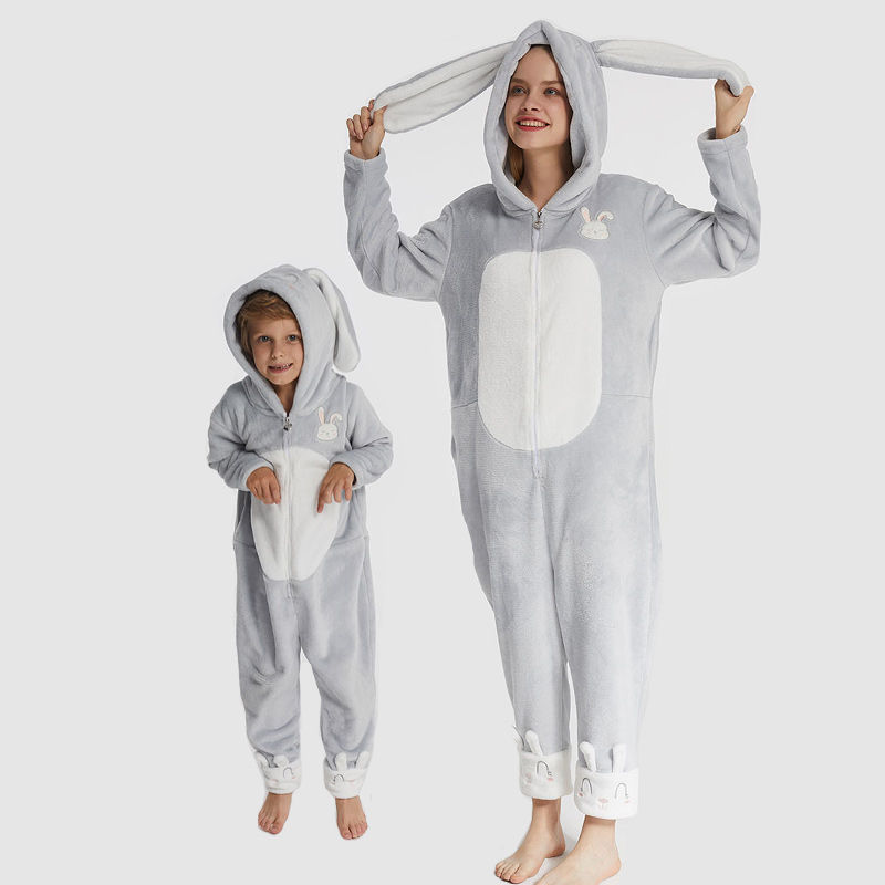 Parenting Soft Flannel Fleece Animal Embroidery Onesie Nightwear with Hood for Family