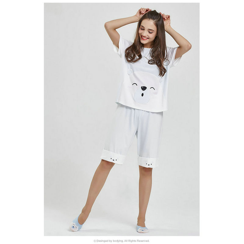 Ladies Spring Summer Lovely Animal Printed Single Jersey Short Sleeve Pajamas Set
