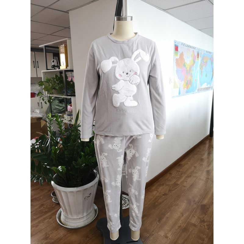 Women Wearing In Autumn Winter Printed Polar Fleece Pajamas Set With Embroidery