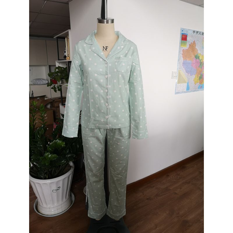 Women Wearing In Autumn Cotton Flannel Pajamas Set - White Dots
