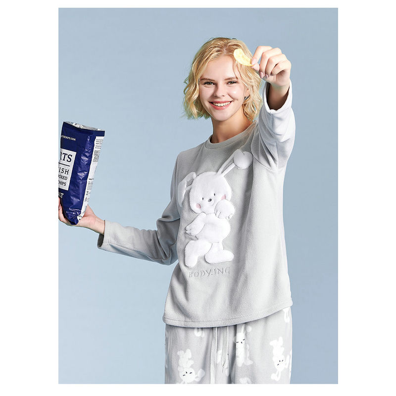 Women Wearing In Autumn Winter Printed Polar Fleece Pajamas Set With Embroidery