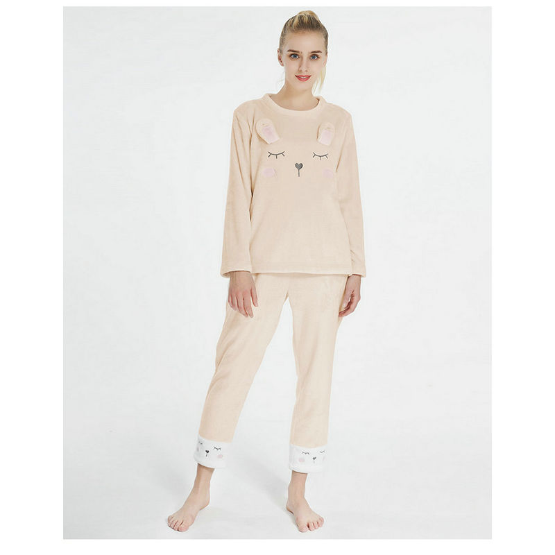 Ladies 2 Pieces Flannel Fleece Animal Embroidery Rabbit Pajamas Set for Women
