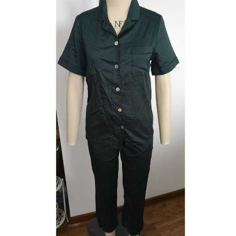 Ladies Solid Color Satin Drill Short Sleeve Pajamas Set