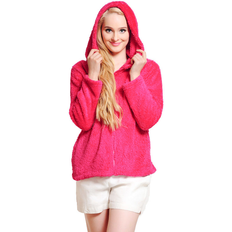 Fluffy Fleece Winter Warm Pullover Shawl Collar Hoodie Sweatshirt Blouse for Women Girls - Pink