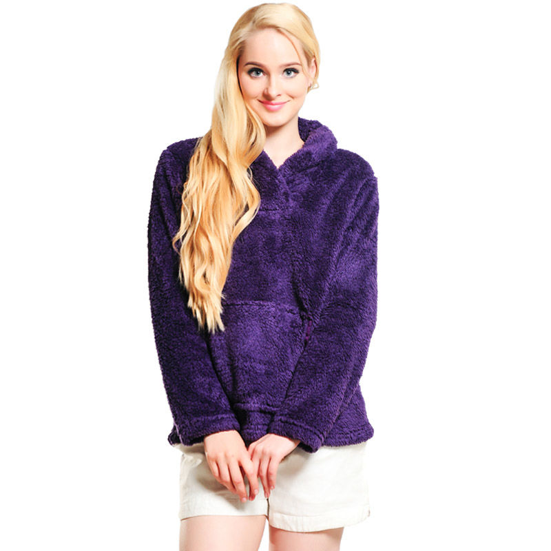 Fluffy Fleece Winter Warm Pullover Shawl Collar Hoodie Sweatshirt Blouse for Women Girls - Purple
