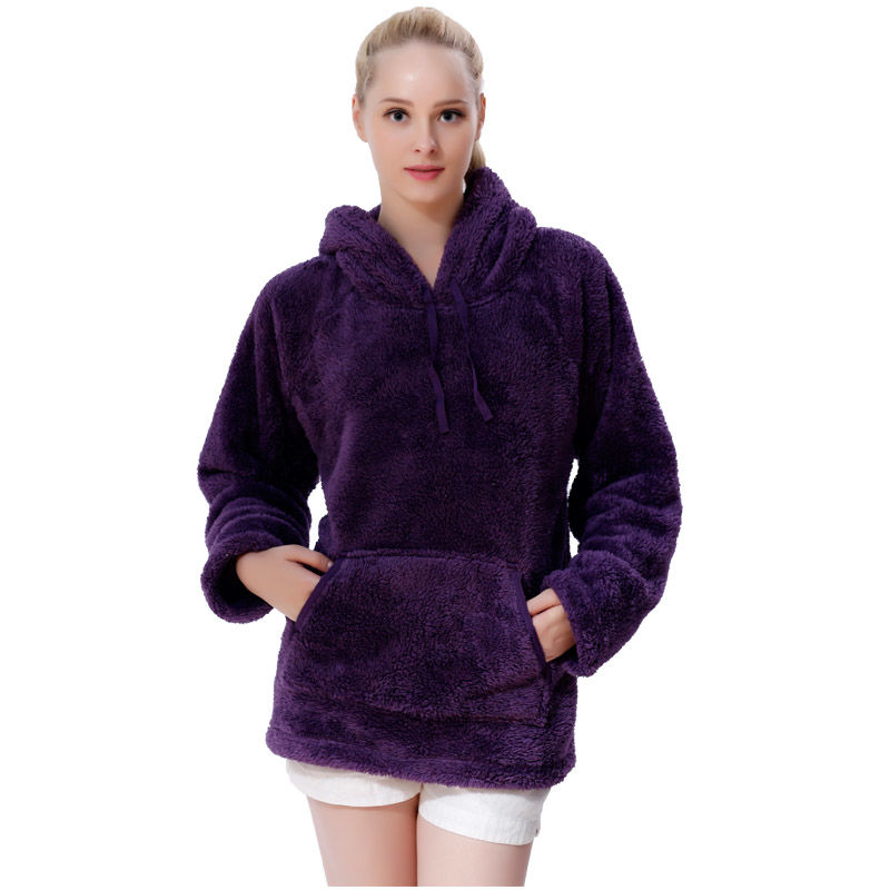 Fluffy Fleece Winter Warm Pullover Shawl Collar Hoodie Sweatshirt Blouse for Women Girls - Purple
