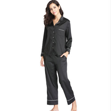 Women Satin Solid Two Pieces Blouse Pants Pyjamas Set